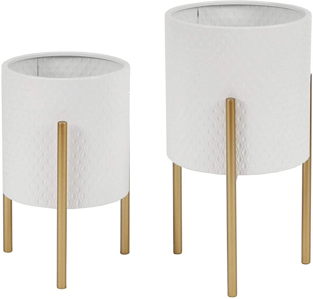 2 Piece White Round Metal Planters Gold Stand Modern Contemporary Handmade - Diamond Home USA