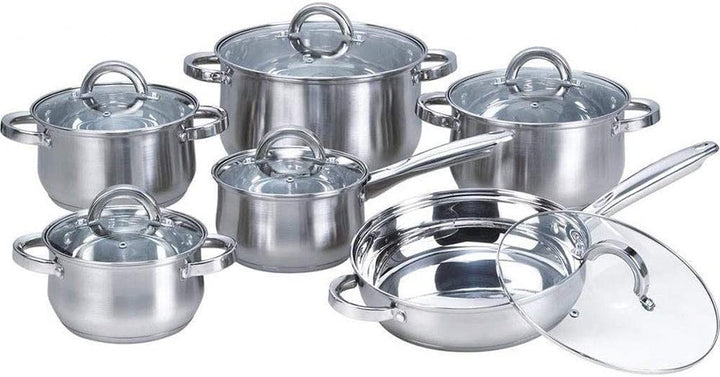 Silver 12 Piece Stainless Steel Cookware Set Glass Lid 12 Piece 2 Includes Oven Safe - Diamond Home USA