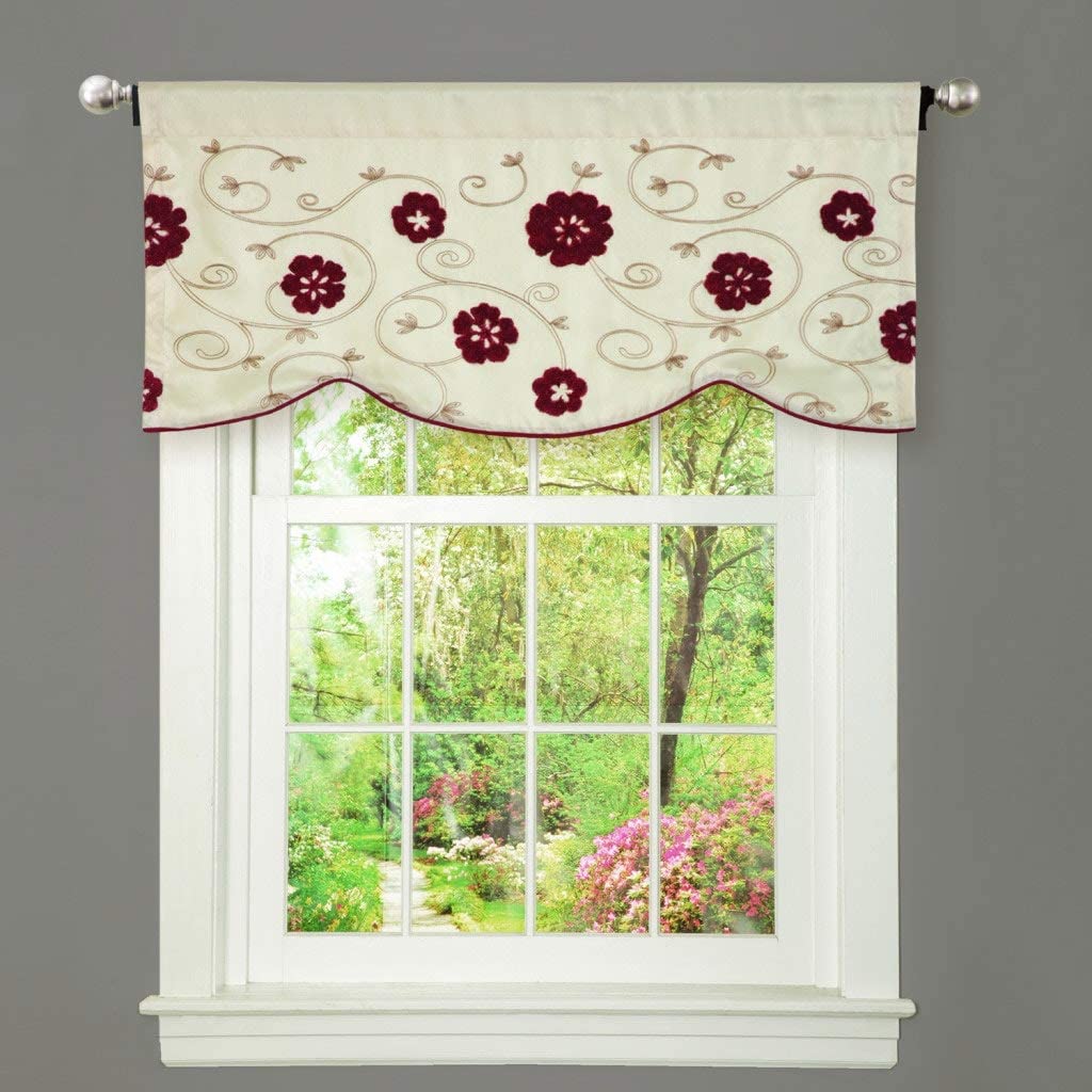Red Beige Window Valance Cream Floral Traditional Silk Embroidered Lined