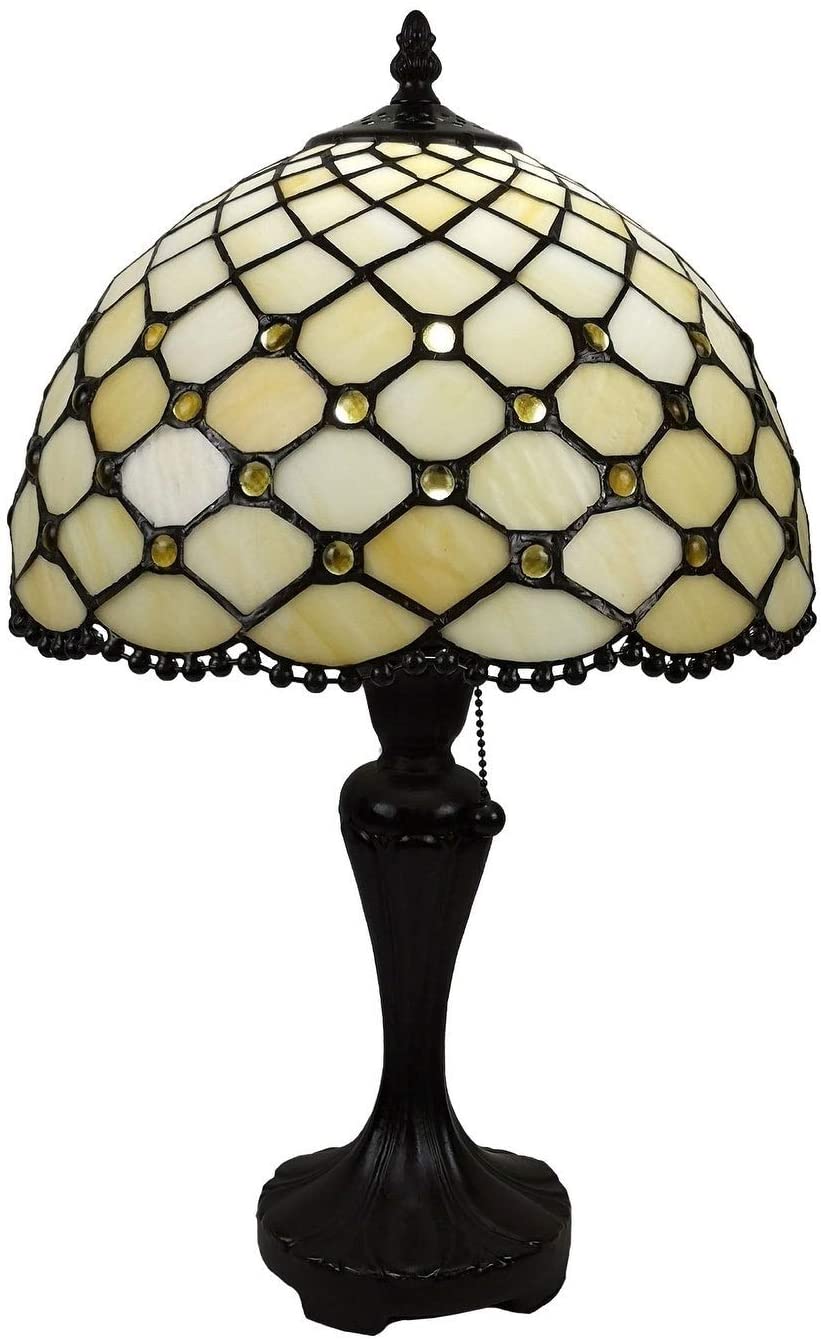 Tiffany Table Lamp Jeweled Beaded 19" Tall Stained Glass White Stains Bedroom Office Handmade Am120tl12b Yellow Brown