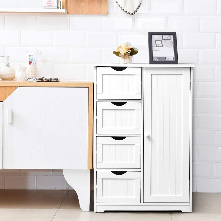 4 Drawer White Wooden Bathroom Cabinet Free Standing Cupboard Modern Contemporary MDF Lacquer Adjustable Shelving