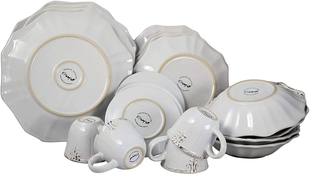 Beveled Edge 20 Piece Dinnerware Set White Textured Casual Round Stoneware Microwave Safe - Diamond Home USA