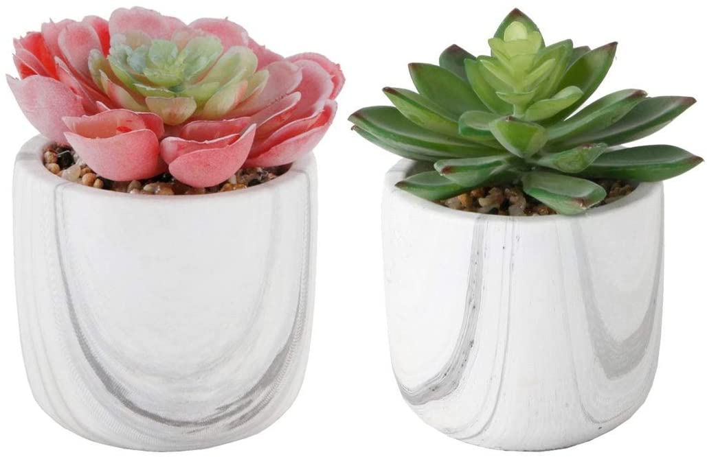 Set 2 Artificial Plant Marble Cement Pot One Size Handmade