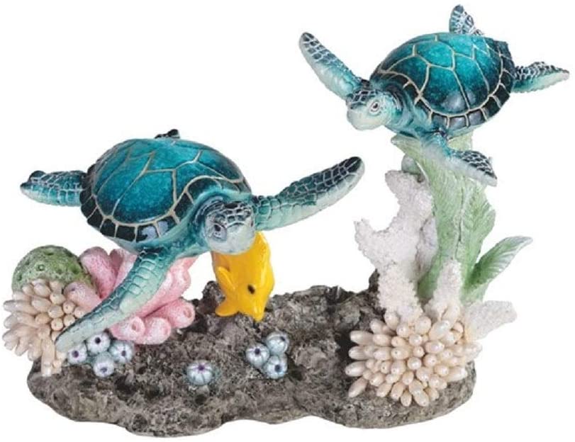 8 75" w Two Blue Sea Turtles Swimming Yellow Fish Statue