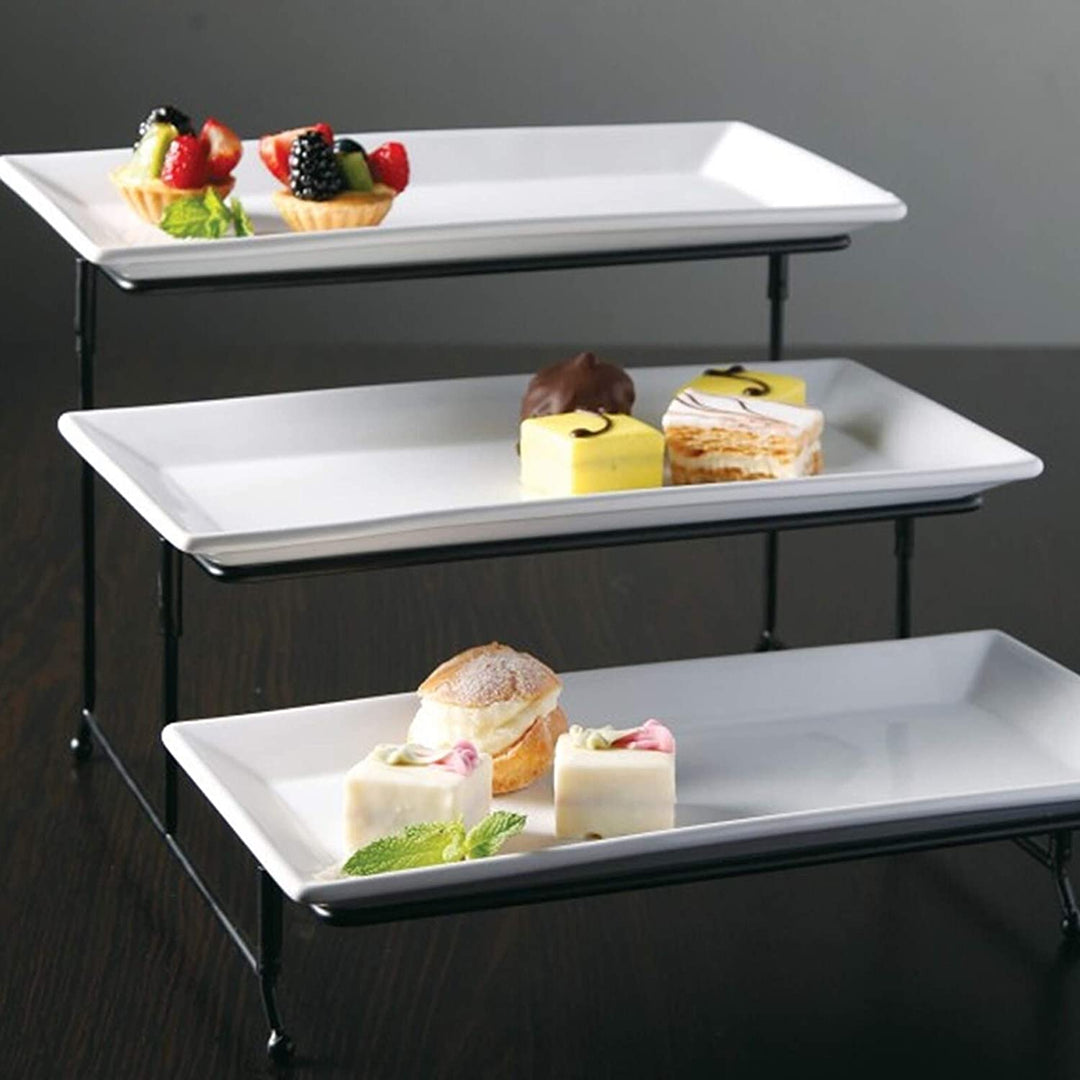 3 Tier Plate Set Metal Stand White Solid Classic Rectangle Ceramic 5 Piece Dishwasher Safe - Diamond Home USA