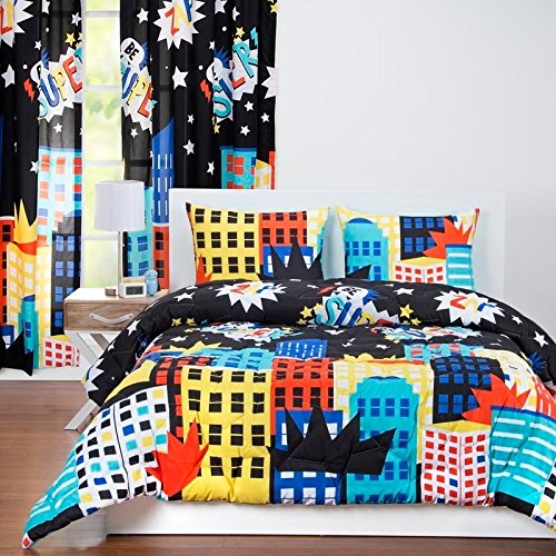 LO 2 Piece Black Kids City Scape Geometric Comforter Twin Set Bold Colorful Building Be Super Bedding Abstract Sky Line Crown Theme Pattern Blue