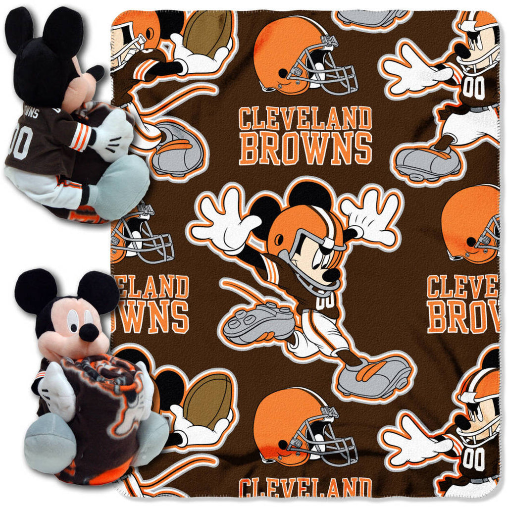 NFL Browns Throw Blanket Full Set Disney Mickey Mouse Character Shaped Pillow Sports Patterned Bedding Team Logo Fan White Burnt Orange Seal Brown - Diamond Home USA