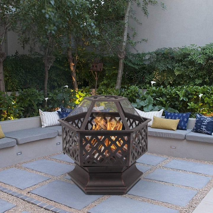 MISC 22" Hexagonal Shaped Iron Wood Burning Fire Pit Black