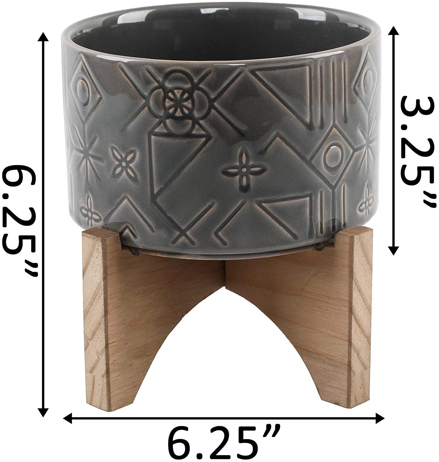 Mid Century 5" Pinwheel Ceramic Planter Wood Charcoal Black Mid Century Modern Handmade