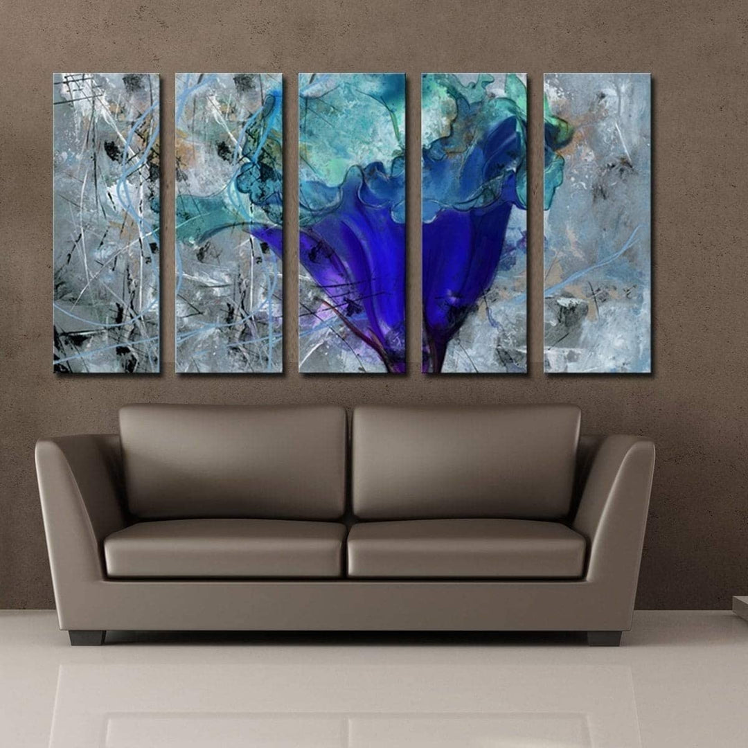 5 pc Wrapped Canvas Floral Wall Art Set Black Blue Grey Classic Modern Contemporary Shabby Chic Specialty Wood Handmade Includes Hardware - Diamond Home USA