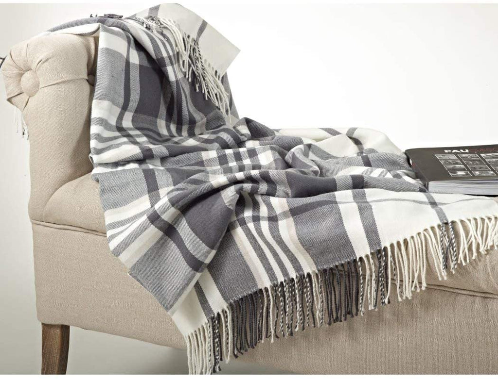 Grey White Plaid Pattern Blanket (50"Wx60"L) Elegant Luxurious Gingham Checkered Design Sofa Throw Tassles Borders Winter Season Soft & Super Warmth