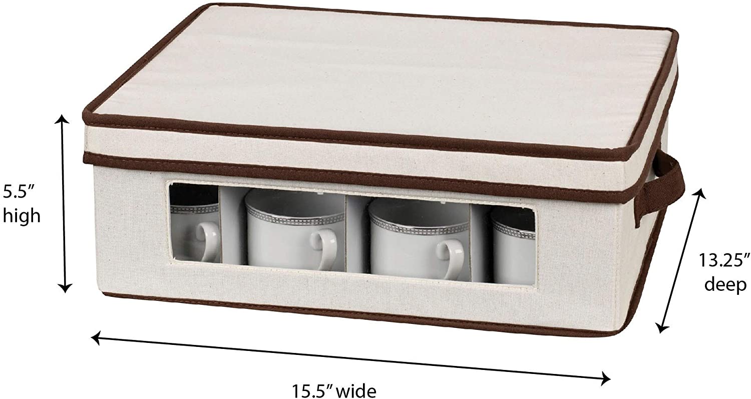 Vision China Storage Box Tea Cups Mugs W/lid Handles Natural Canvas W/Brown Trim Tan