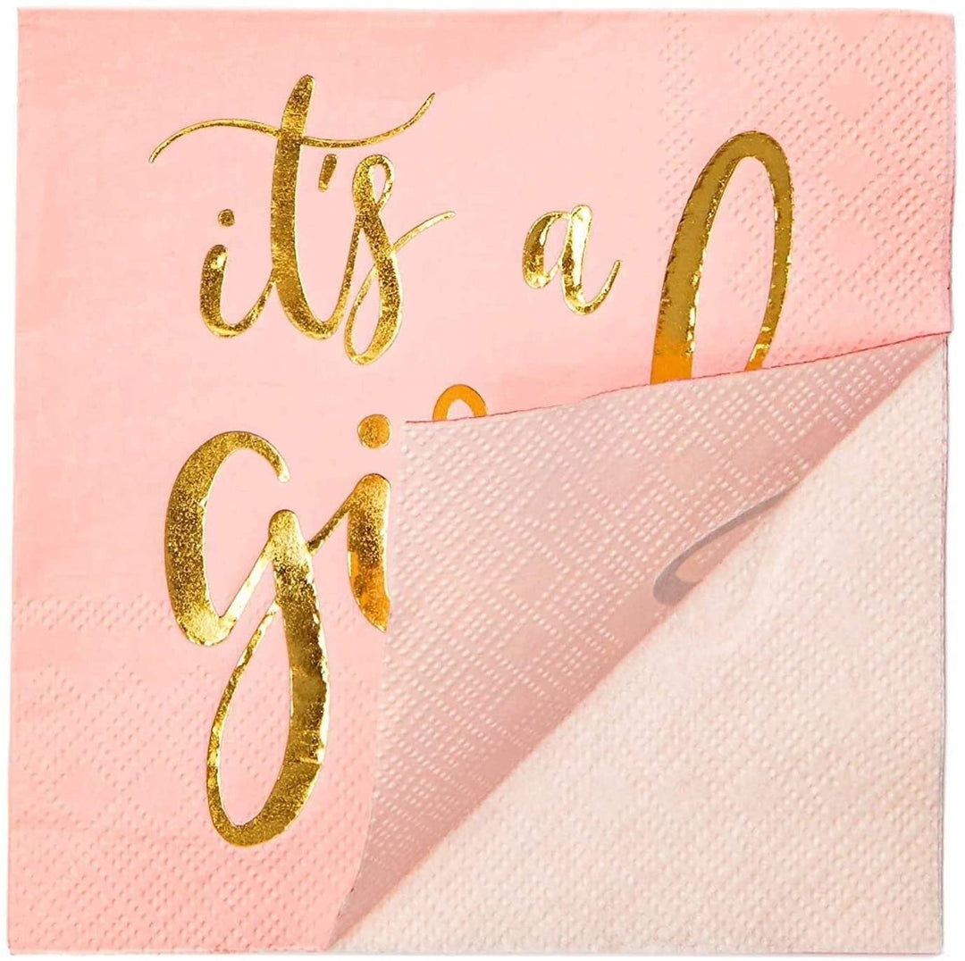 50x It's Girl Pink Gold Baby Shower Disposable Beverage Party Napkins 5x5 Square Synthetic Fiber - Diamond Home USA