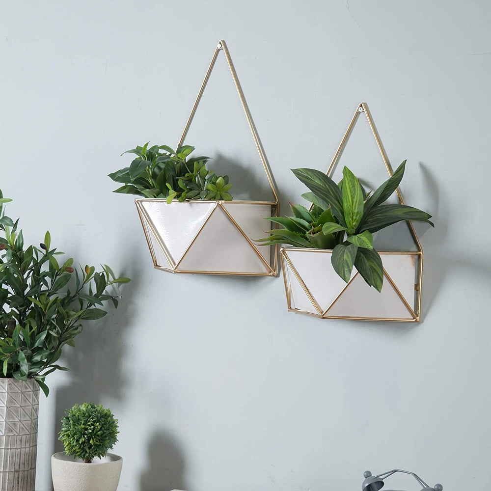 Set 2 Succulent Metal Wall Planters Gold White Modern Contemporary Rectangular