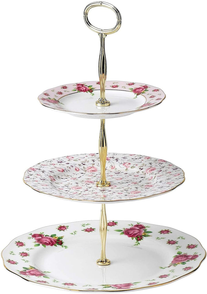 New Country Roses White 3 Tier Cake Stand Color Pink Floral Farmhouse Modern Contemporary Round Bone China Ceramic 1 Piece