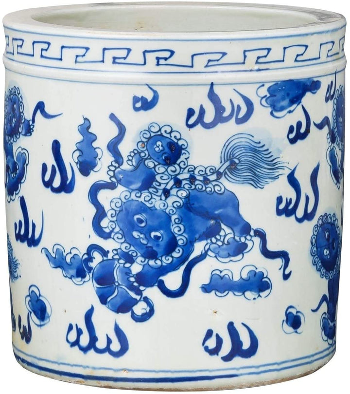 Blue White Orchid Pot Foo Dog Motif Porcelain