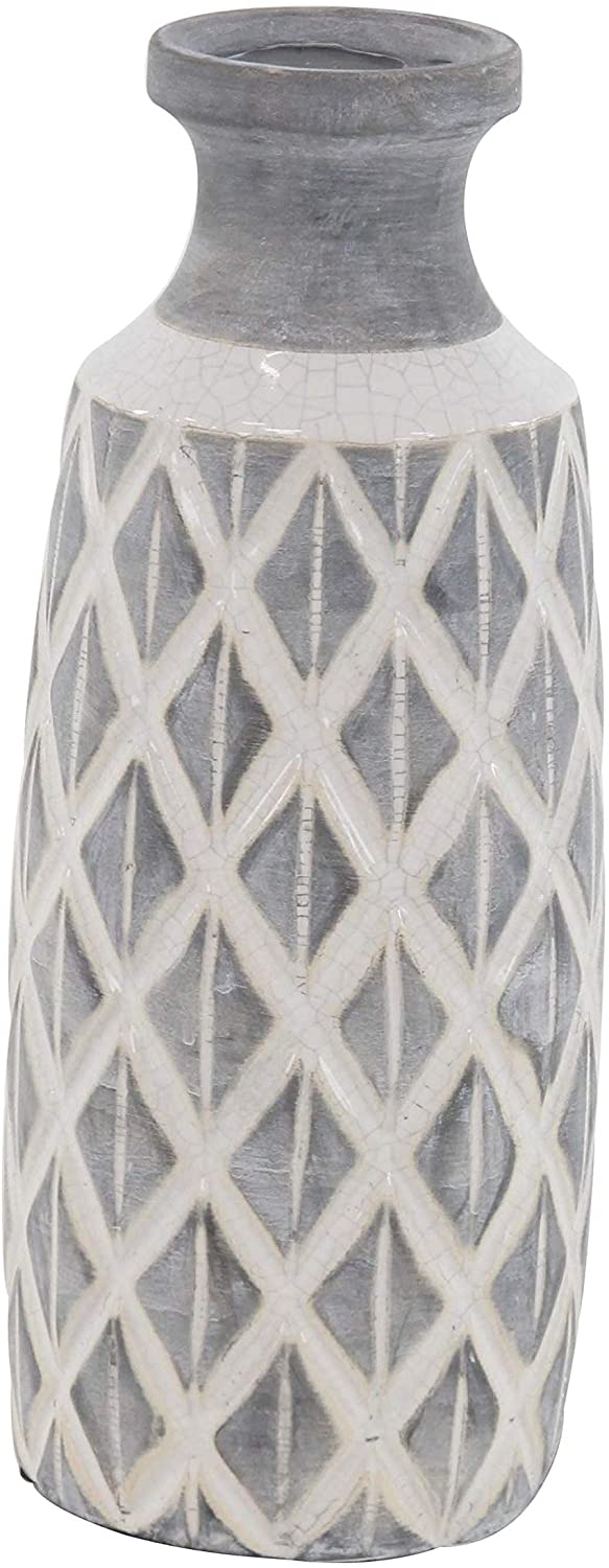 16 inch Traditional Ceramic Cylindrical Crisscross Vase Grey Mid Century Modern Scandinavian Stoneware - Diamond Home USA