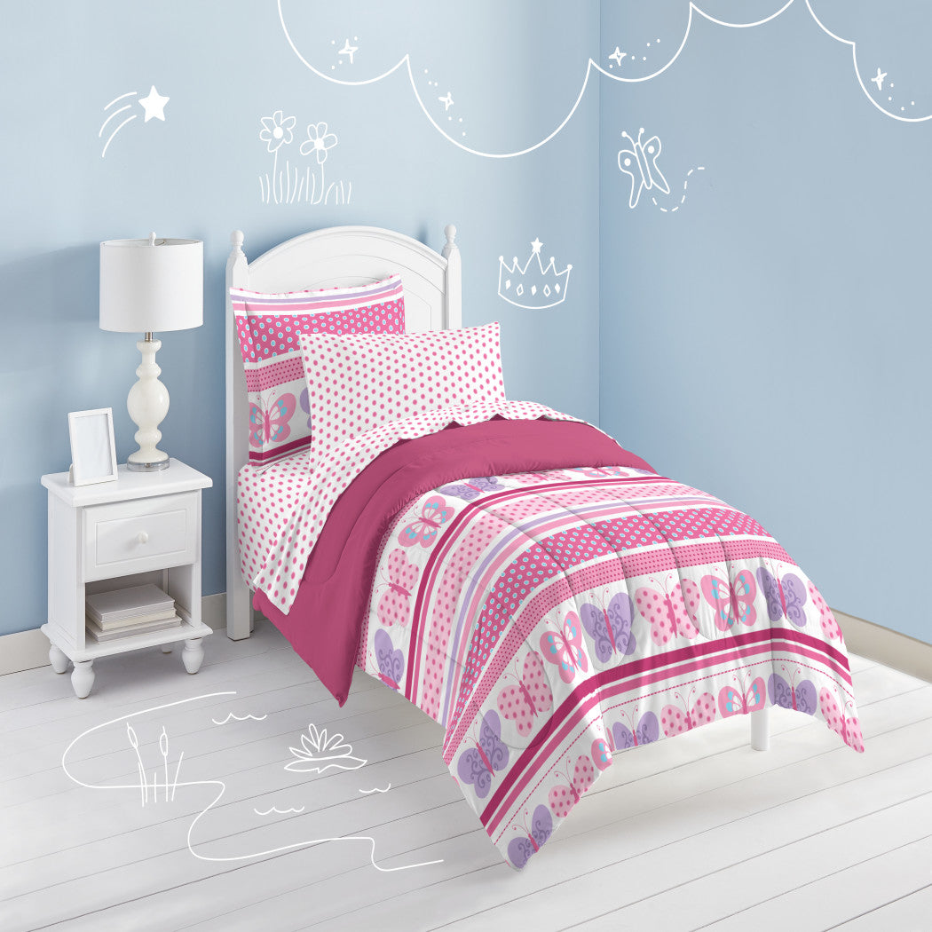 Girls Butterfly Themed Comforter Set Sheets Cute Polka Dots Horizontal Striped Butterflies Polka Dots Kids