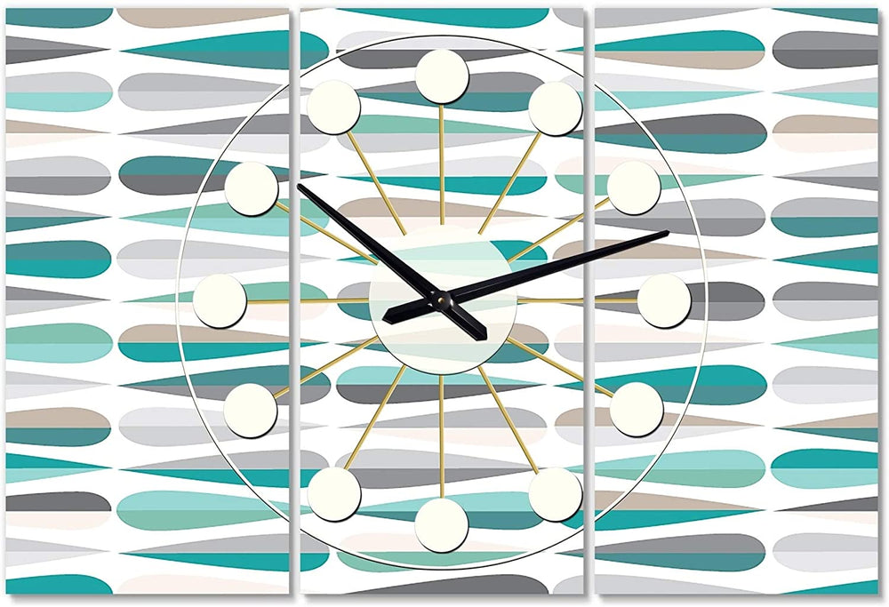 Retro Abstract Drops Iii' Oversized Mid Century Wall Clock 3 Panels 36 Wide X 28 High Blue Modern Contemporary Vintage Rectangular Steel Finish - Diamond Home USA