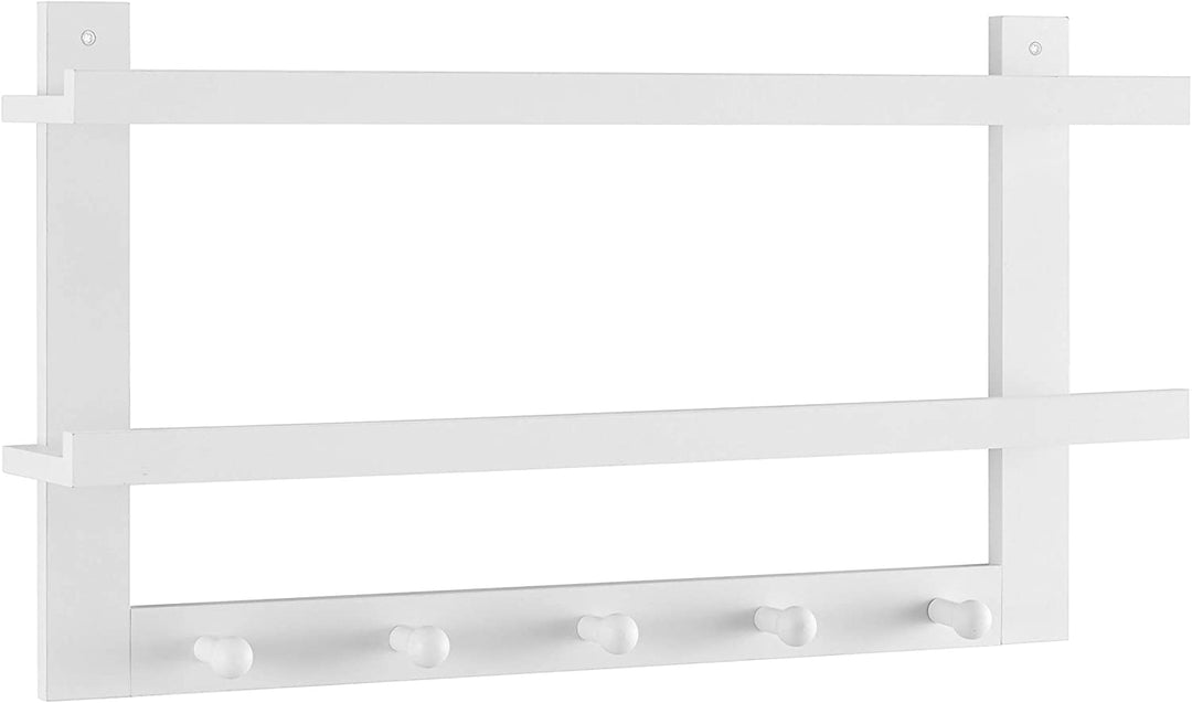 Two Tier Ledge Shelf Wall Organizer Five Hanging Hooks White MDF Matte Includes Hardware - Diamond Home USA