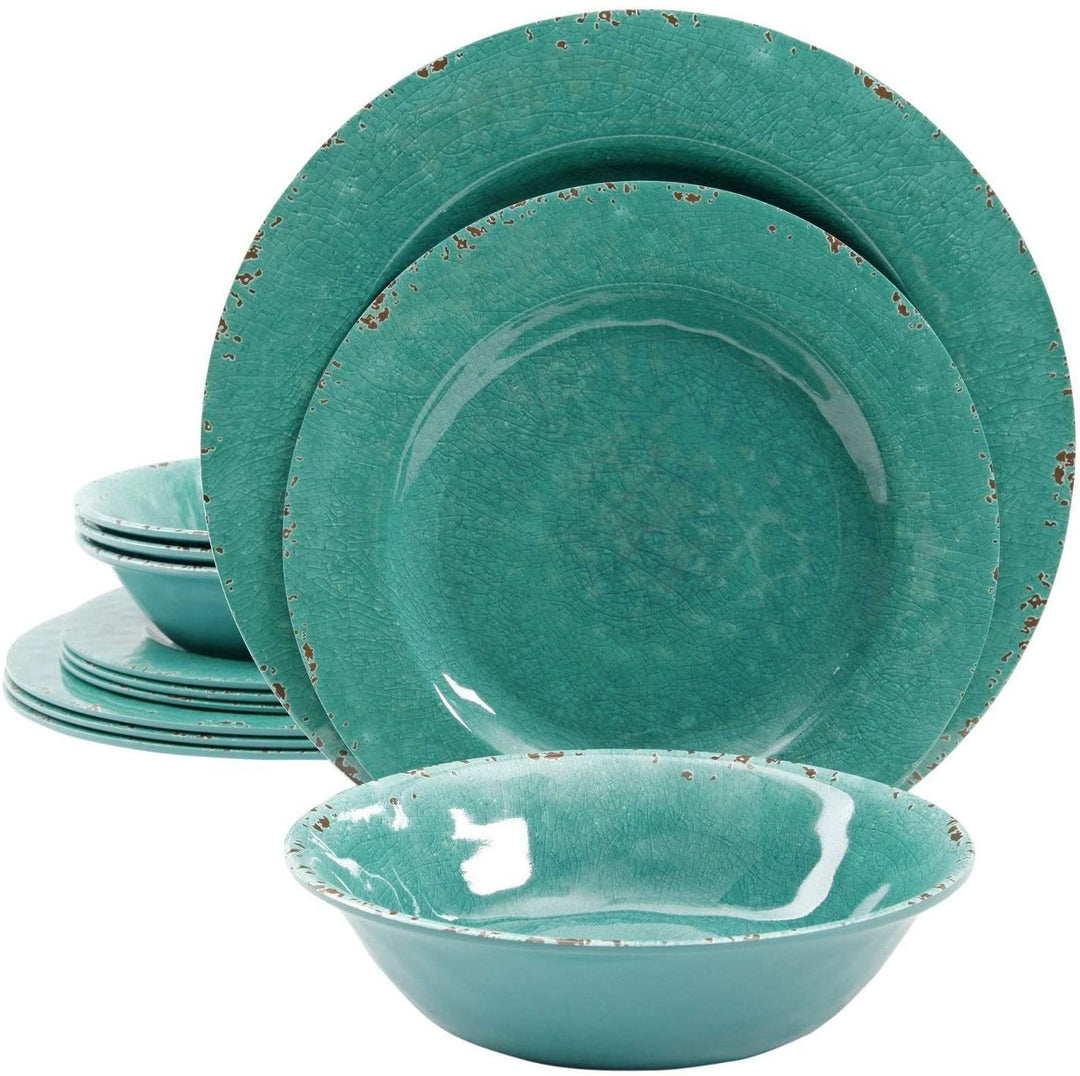 lifornia 12 Piece Dinnerware Set Green Decal Blue Solid