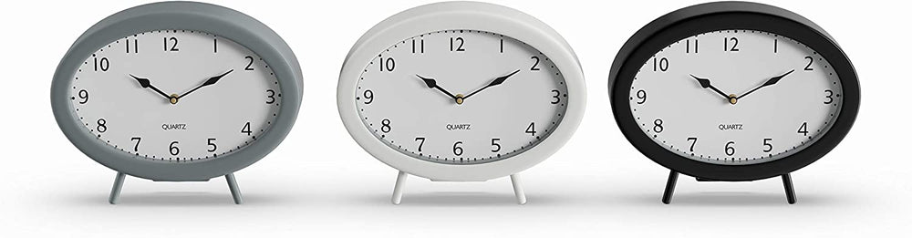 Metal 8 inch Wide X 7 inch High Assorted Table Clocks (Set 3) Black Grey Color White Mid Century Modern Round Natural Finish Numerical - Diamond Home USA