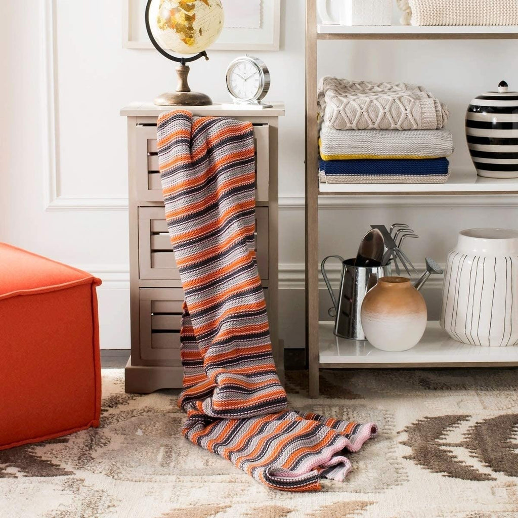 Candy Stripe Knit Throw Blanket Orange Striped Modern Contemporary Shabby Chic Victorian Cotton