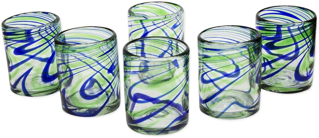 Handmade Emerald Green/Cobalt Blue Glass Elegant Energy Juice Glasses (Set 6) (Mexico) Green