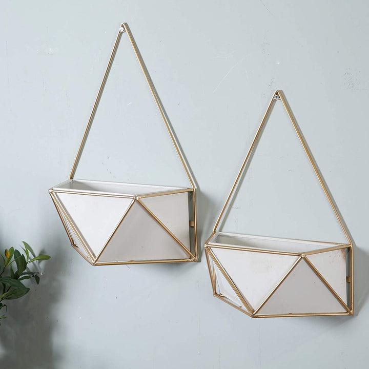 Set 2 Succulent Metal Wall Planters Gold White Modern Contemporary Rectangular