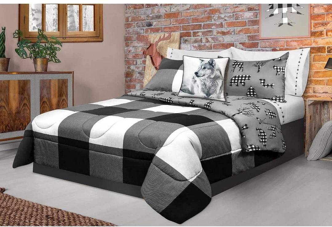 Comforter 3 Piece Set King Printed Buffalo Plaid White/Black