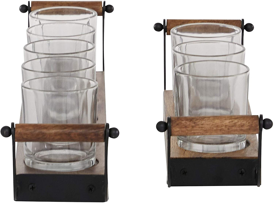 Small Farmhouse Glass Candle Holders W Black Metal Handles Rectangular Wood Board Bases Set 2 17 5" 24" 24 X 4 Brown - Diamond Home USA