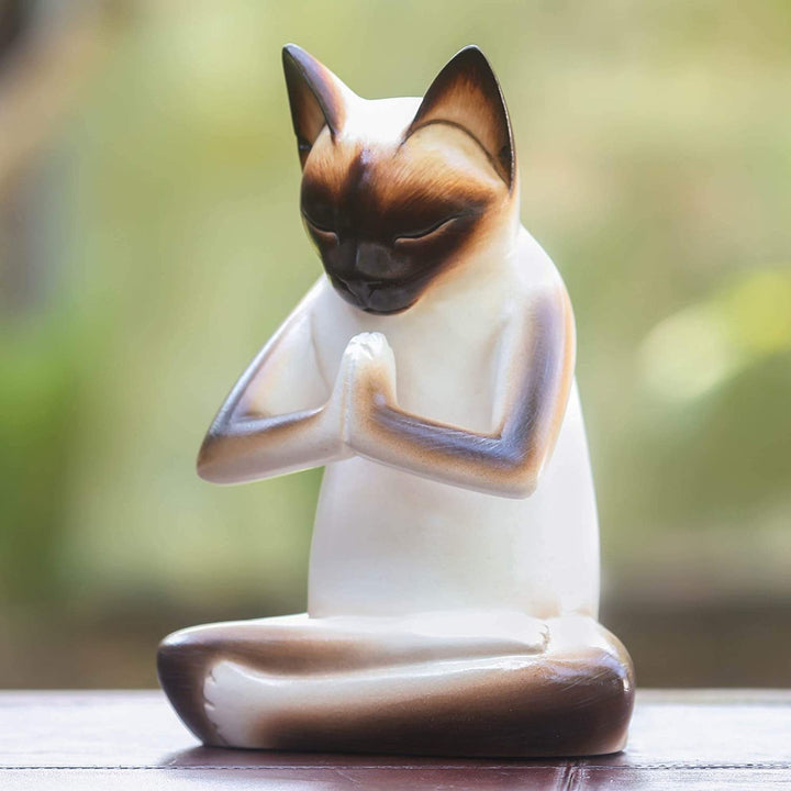 Kitty Meditates Handmade Cat Kitten Prayer Zen Buddhist White Black Feline Home Decor Desk Gift Wood - Diamond Home USA