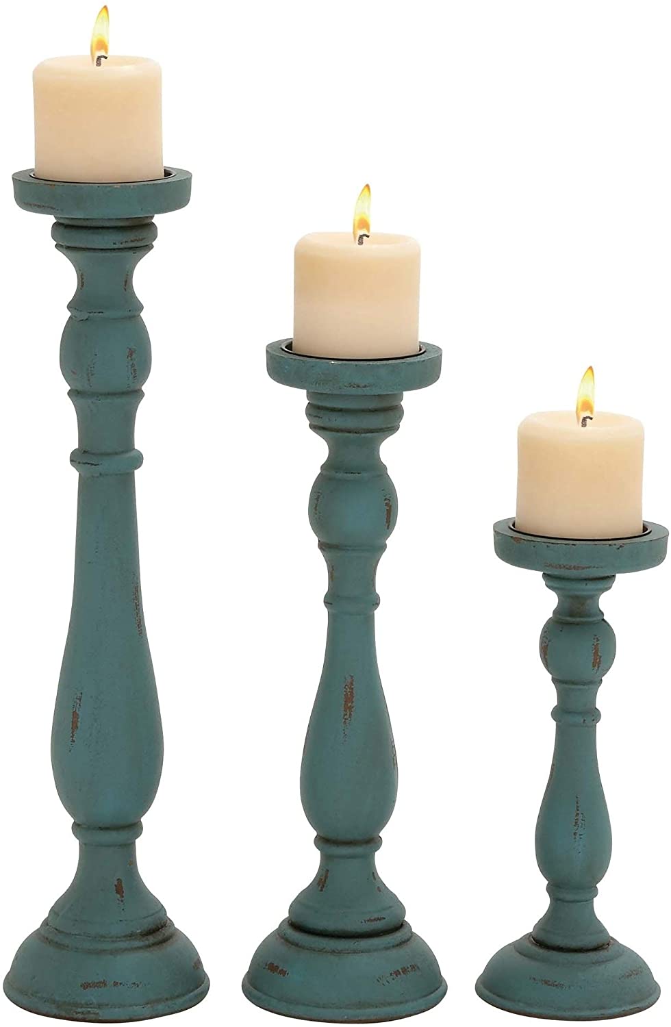 Wood Teal Candle Holders (Set 3) Blue Green