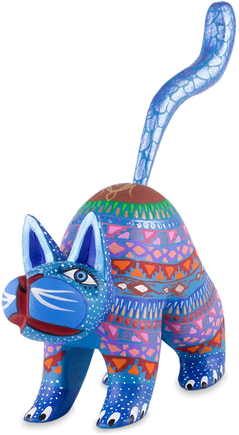 Sculpture 'Blue Cat Greeting' (Mexico) Blue Wood