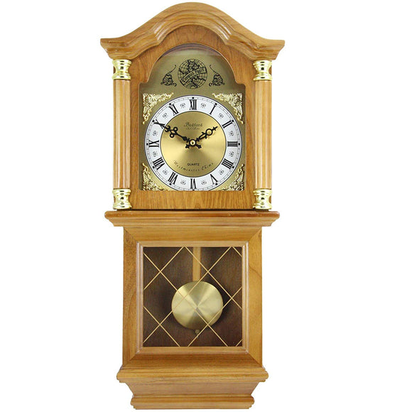 24h Chiming Wall Clock 26 Cordless Hourly Wallclock Royal Swinging Pendulum Chimes Tiny Antique Glass Wood Light Brown Gold