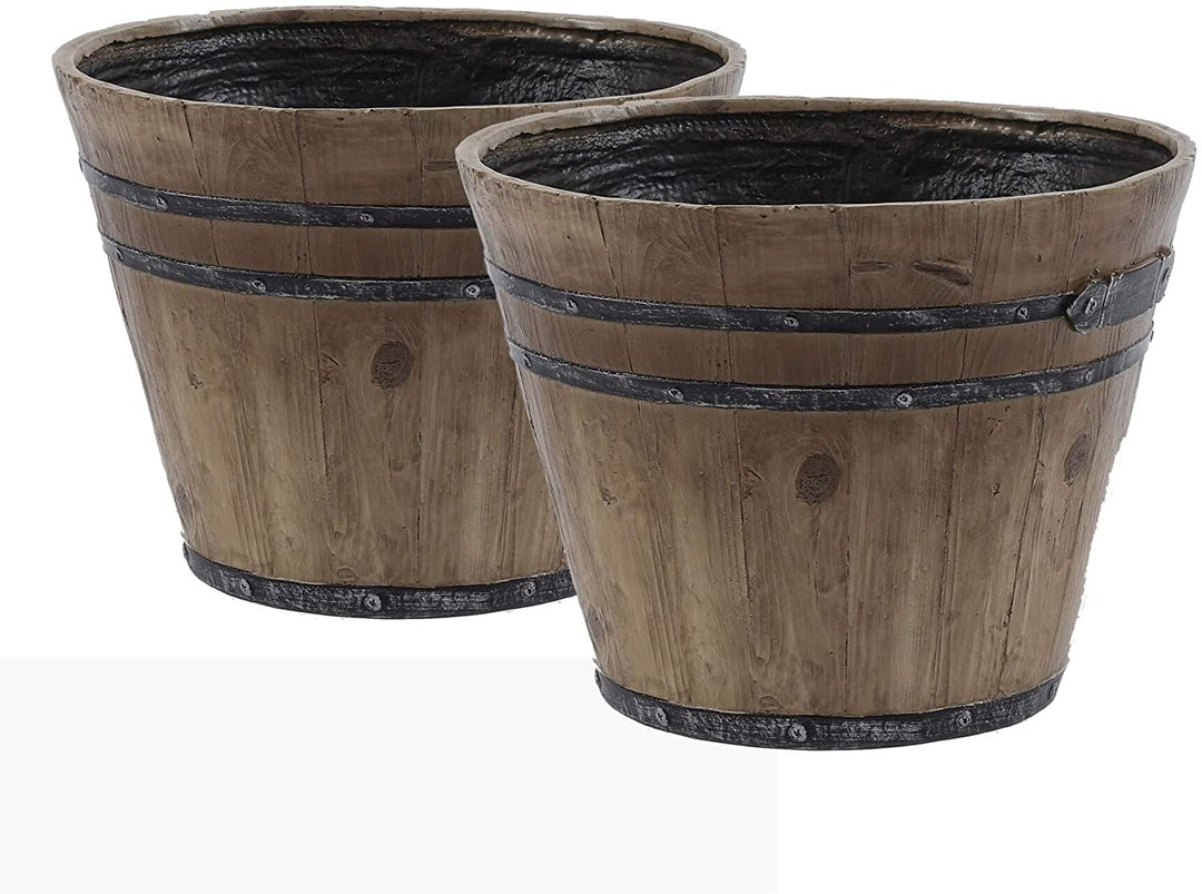 Set 2 Rustic Finish Barrel Planters Brown Farmhouse Round