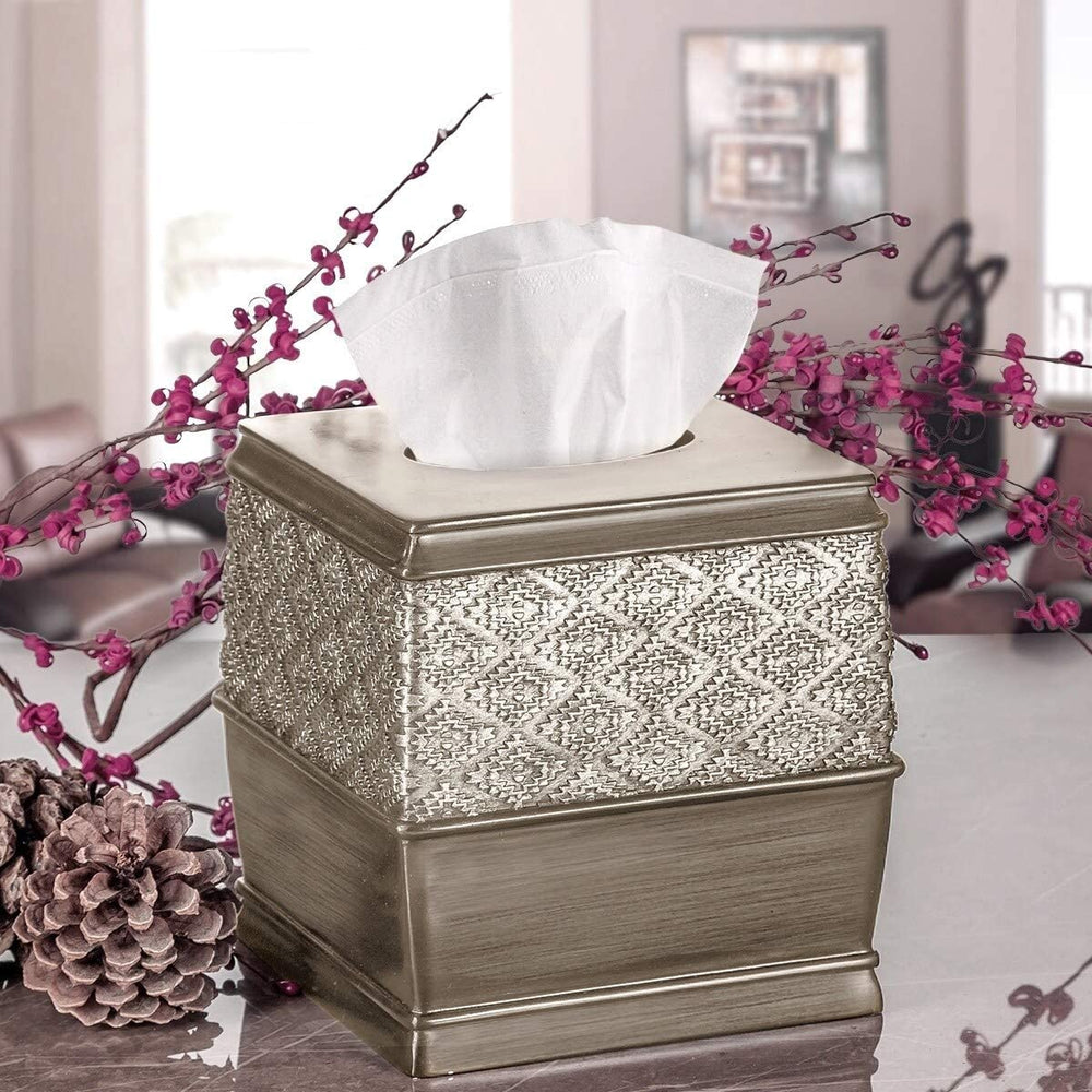 MISC Square Tissue Box Cover (Brushed Silver) Vintage Resin