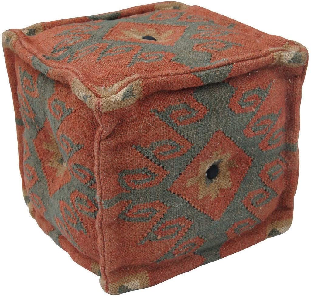 Handmade Wool/Jute Pouf Green Red Tan Geometric