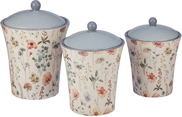 MISC Country Weekend 3 Piece Canister Set Blue Off/White Pink Floral Ceramic