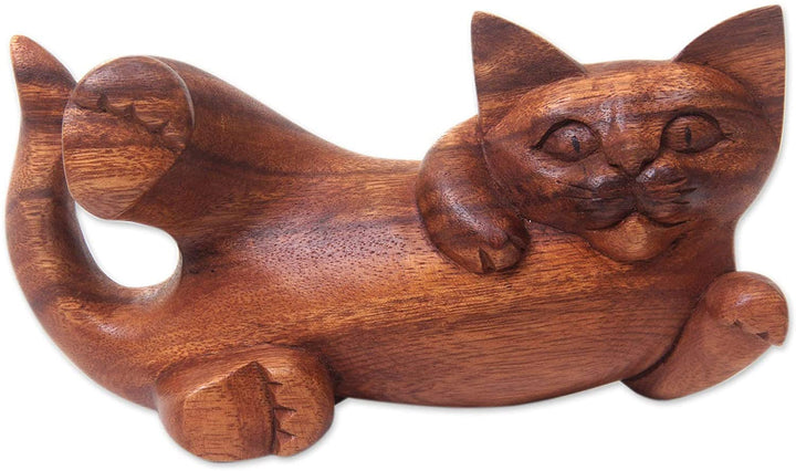 Handcrafted Wood 'Naughty Kitty' Sculpture (Indonesia) Brown Handmade - Diamond Home USA