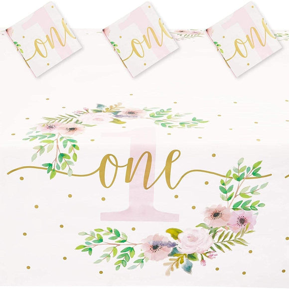 UKN 3 Rectangle Plastic Tablecloths Floral Girl Baby One 1st Birthday Party Color Synthetic Fiber