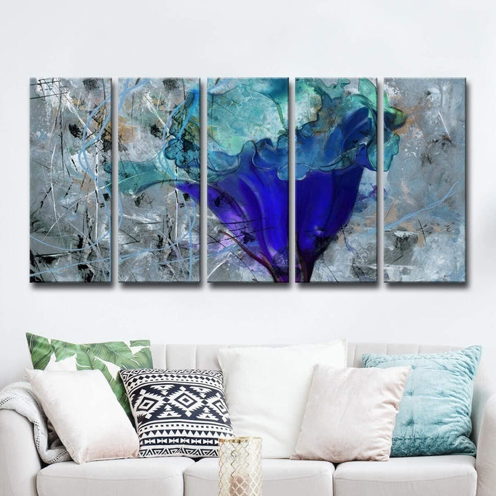 5 pc Wrapped Canvas Floral Wall Art Set Black Blue Grey