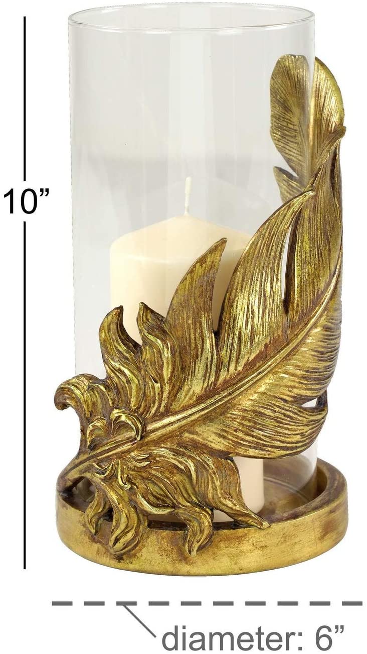 Large Metallic Gold Feather Candle Holder Hurricane Glass 6" X 10" 6 10 Traditional Polyresin - Diamond Home USA