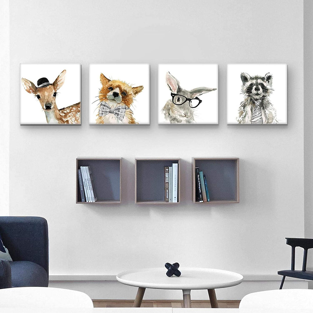 Fox Deer Rabbit Raccoon Robinson Wrapped Canvas Art Set 16x16x4 Square - Diamond Home USA