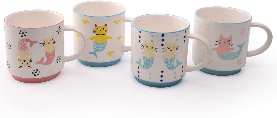 Cat Set Four Assorted 16 Ounce Mugs White Solid Casual Round