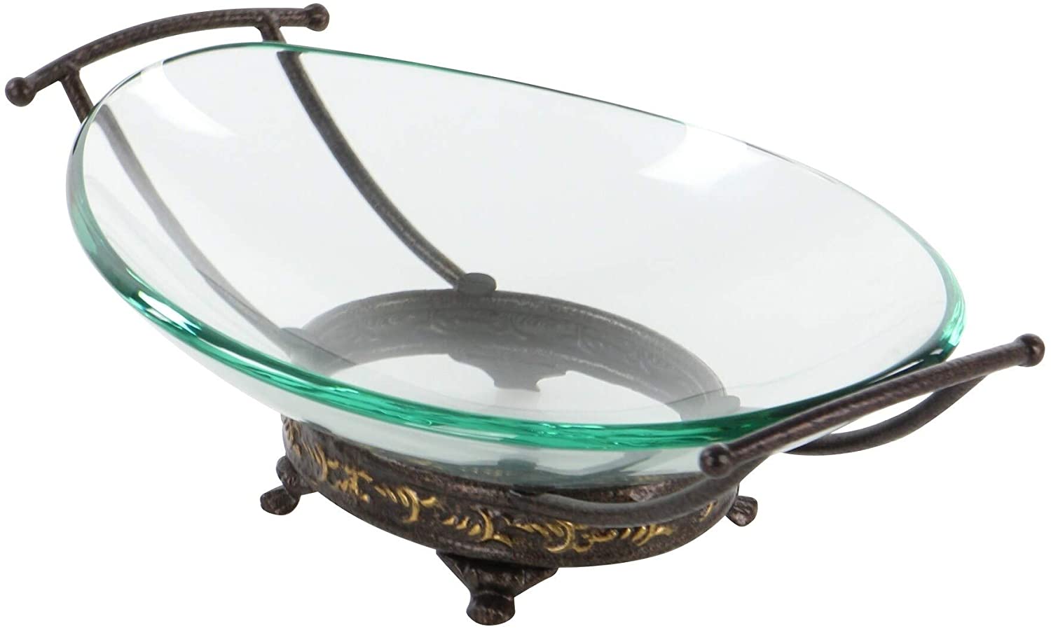Traditional 5 X 17 Inch Iron Glass Bowl Server by Gold Textured Oval Metal 1 Piece
