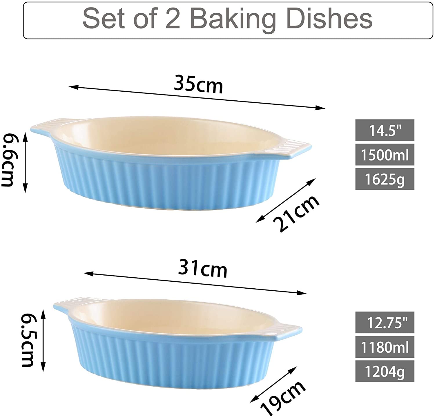 UKN 2 Piece Blue 12 75'' 14 5'' Oval Porcelain Baking Dish Bakeware Set 2 Piece Microwave Safe