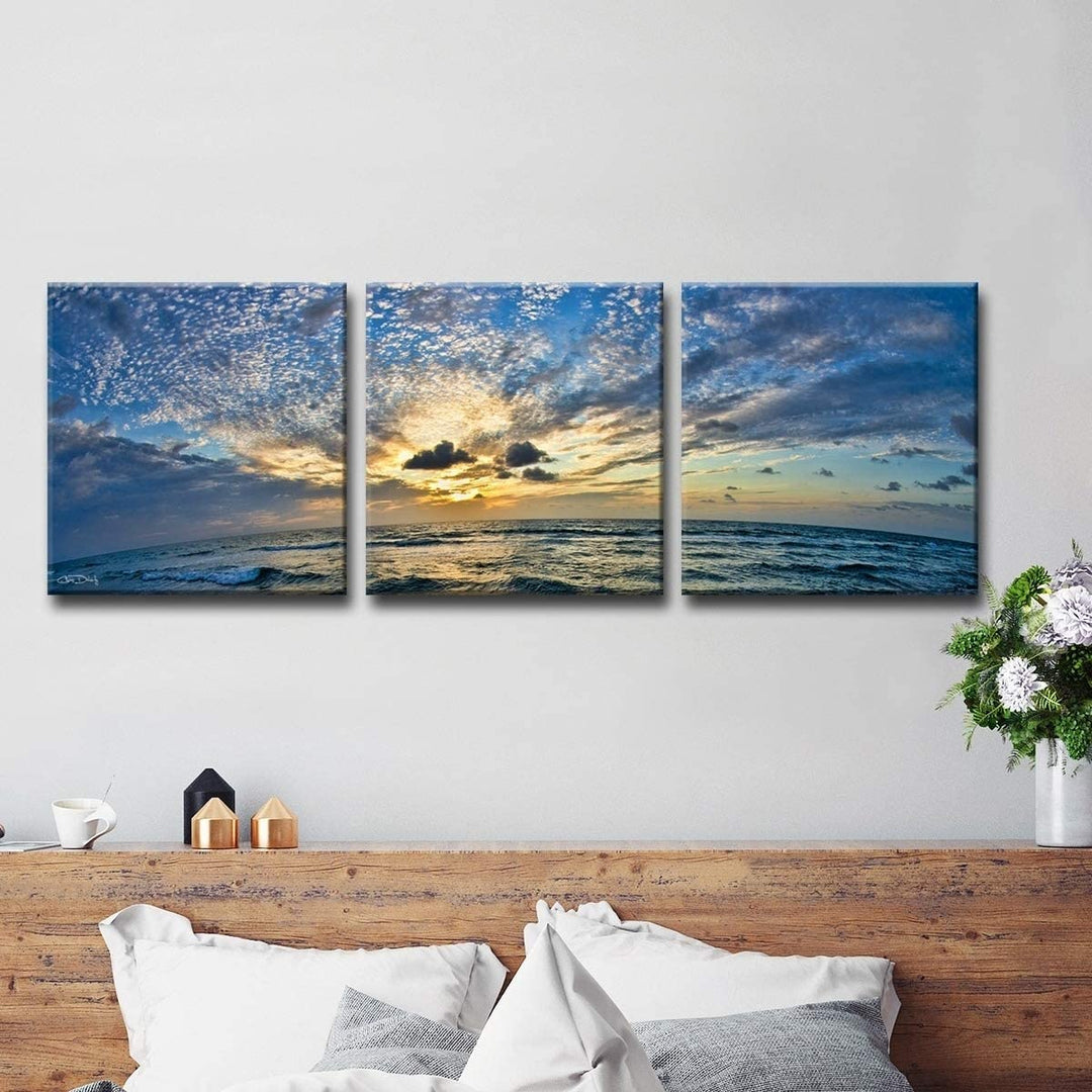 Ocean' 3 Piece Photographic Canvas Wall Art Blue Modern