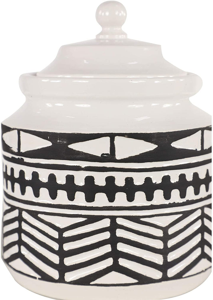 Large Round Black White Ceramic Jars W Eclectic Geometric Patterns Set 2 7 X 9 Transitional - Diamond Home USA