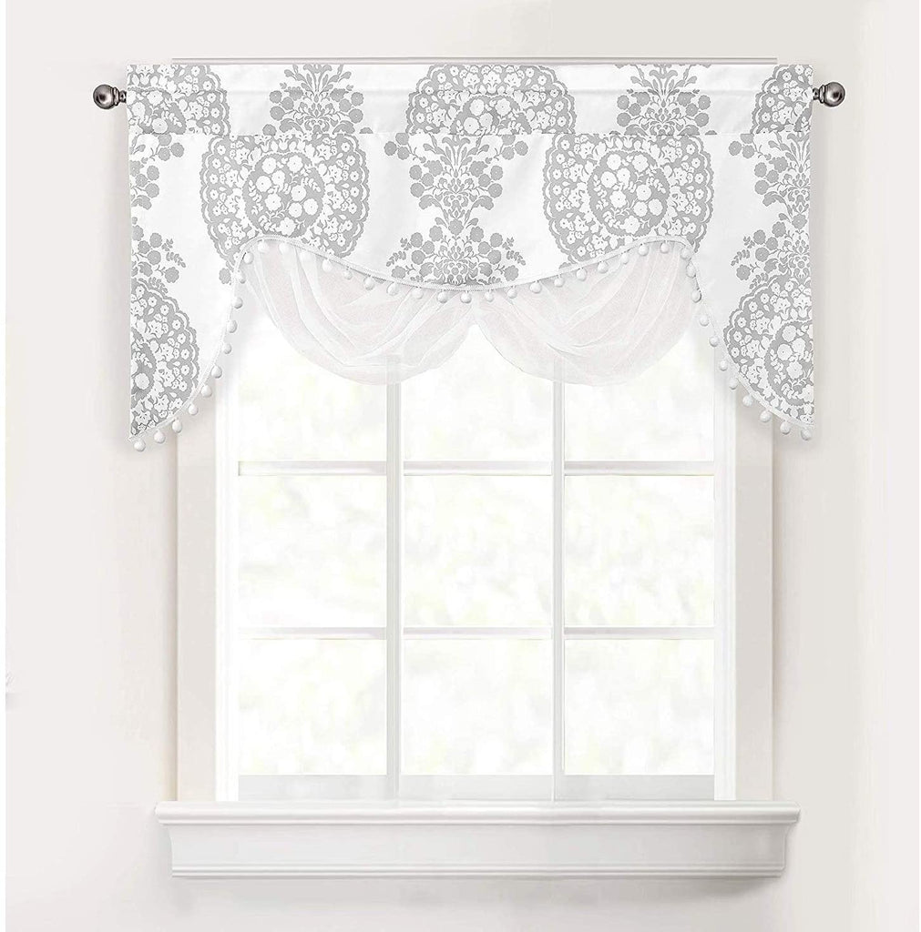 Floral Damask Medallion Pattern Swag Valance Grey Kids Teen Modern Contemporary Polyester Lined Thermal